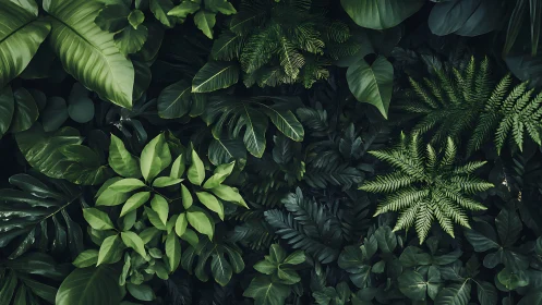 Dense overlapping tropical foliage in varied green tones.