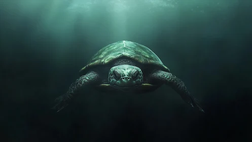 Solitary sea turtle in dim underwater green environment.