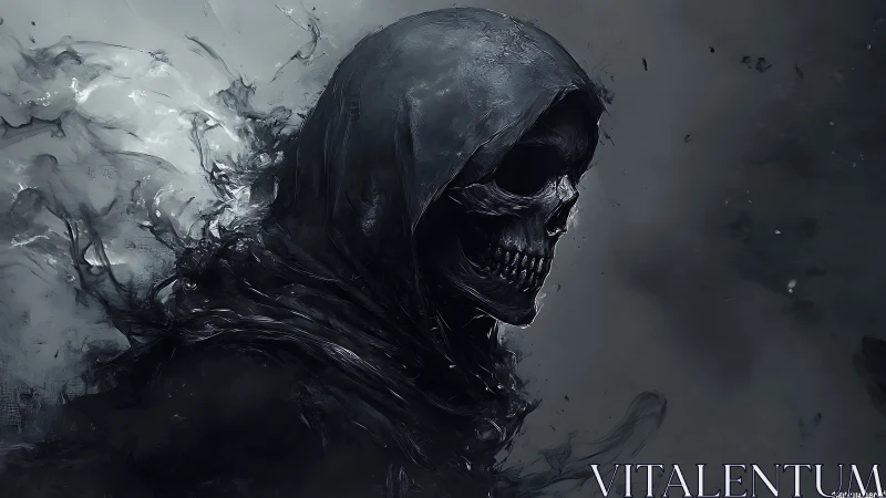 Hooded skeletal wraith emerging from swirling monochrome smoke