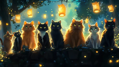 Luminescent Feline Assembly Under Bioluminescent Lanterns.