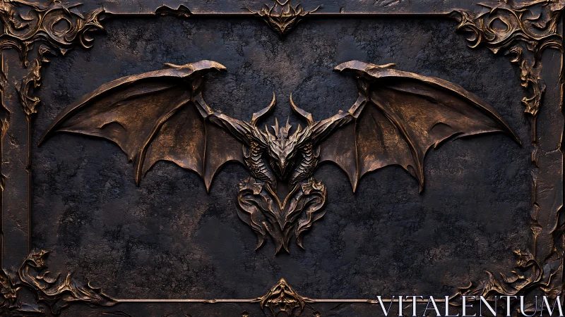 Embossed bronze demonic dragon relief with outstretched wings