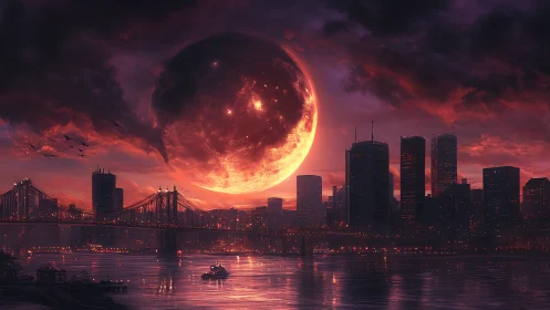 Urban skyline under oversized red celestial body at dusk.