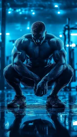 Muscular man crouching in blue gym lighting reflection.