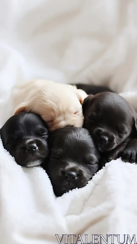 Four newborn puppies sleep closely together on white bedding