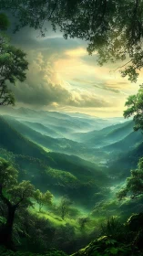 Mountain Valley Dawn: Layered Landscape with Golden Sky and Verdant Peaks.