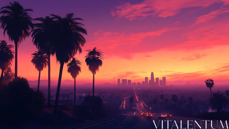 Sunset city lights beneath dreamy violet palm skies.