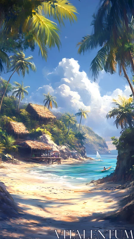 Tropical Beach Paradise. Thatched Huts Nestled Beneath Palm-Lined Shore.