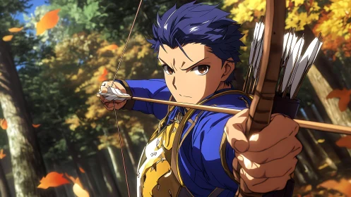 Focused anime archer drawing recurve bow in autumn forest