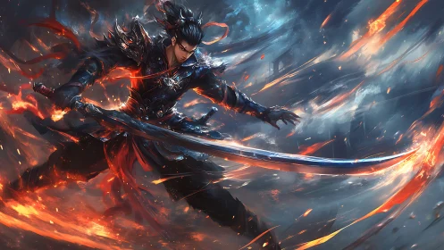 Volcanic blade dancer in high-energy elemental combat field.