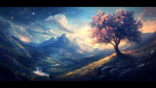 Luminous tree crowns a dreamy valley beneath starlit skies.