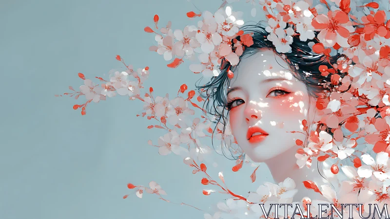 Soft spring muse framed by drifting cherry blossoms.