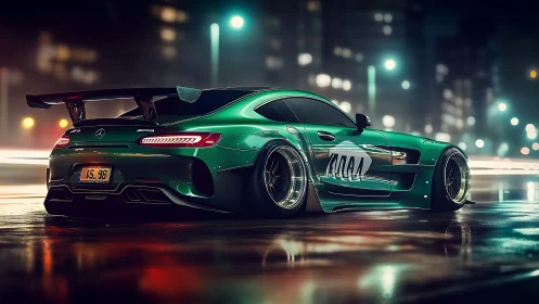 Emerald racing coupe powers through neon-soaked urban night.