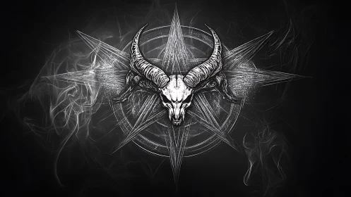 Ink-rendered horned skull emblem on radial starburst sigil.