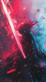 Blade-wreathed cyber warrior in red cyan volumetric nebula