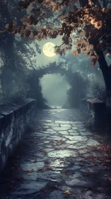 Moonlit stone path extends through foliage-framed archway