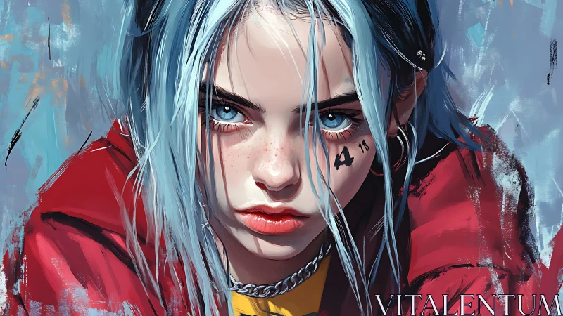 Bold blue haired girl meets the viewer with fierce calm eyes