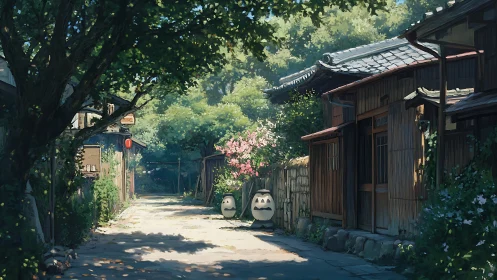 Sunlit village lane drifts into tranquil summer stillness