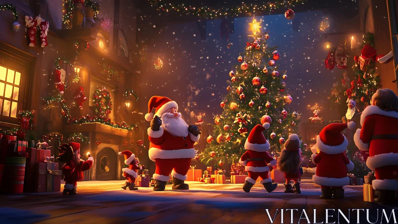 Santa leads a glowing workshop parade around the tree