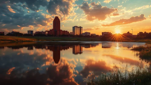 Urban skyline mirrored in a sunset-illuminated lakeside panorama