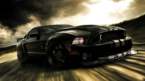 Midnight muscle car racing through stormy golden light.