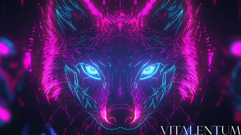 Neon wolf head rendered in symmetrical cyberpunk outlines.
