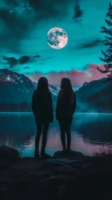 Two silhouetted figures stand by a lake under bright moonlight