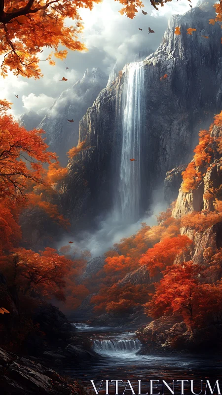 Autumn mountain waterfall amid blazing crimson forest gorge.