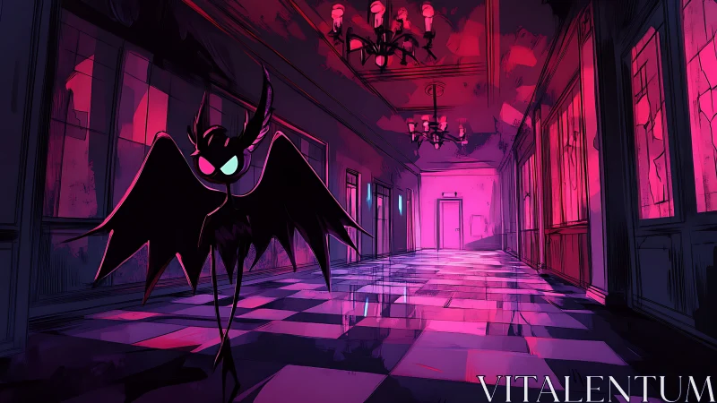 Shadow demon patrols neon-lit haunted hallway at night.