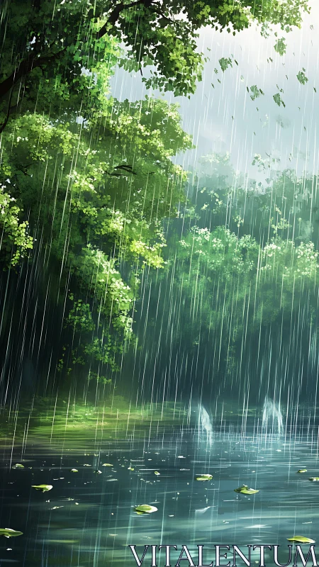 Digital painting of forest rain over reflective pond surface.