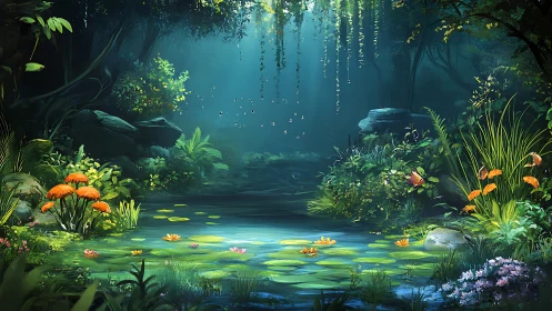 Bioluminescent forest pond with lilies under volumetric light