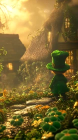 Fantasy leprechaun path scene with golden backlit cottage.