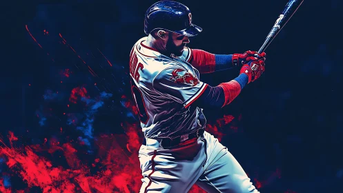 Baseball batter in mid swing with red blue digital effects.