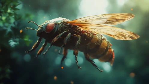Giant hornet hovers in forest light with translucent wings