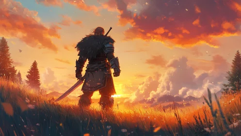 Sunset warrior stands ready at the edge of a glowing valley