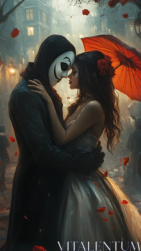 Masked Romance in Urban Rain: Digital Painting.