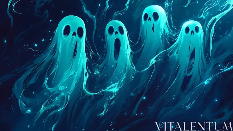 Glowing spectral figures drift across a dark blue background