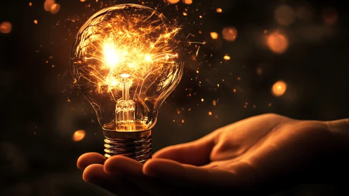 Photorealistic glowing lightbulb cradled in hand, warm bokeh field.
