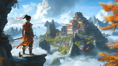 Warrior overlooks mountain temple complex above clouds