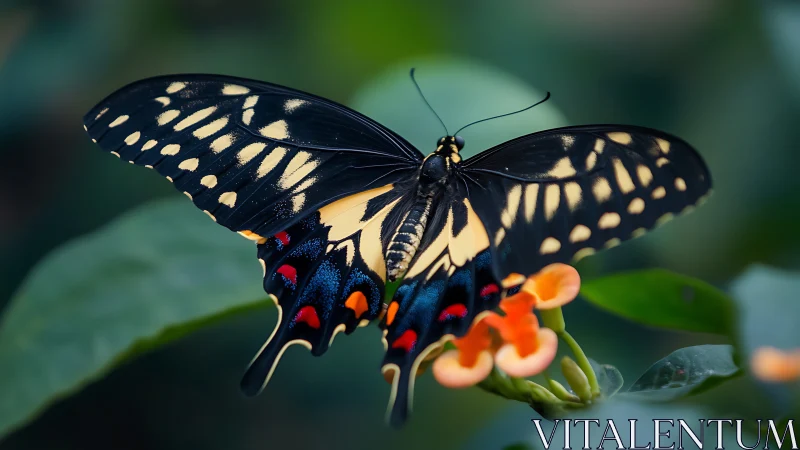 Macro study of a swallowtail butterfly on orange tubular flower