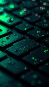 Wet computer keyboard with green bokeh lighting effect.