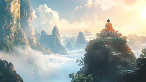 Sky-step monk above cloud kingdoms in sunrise hush.