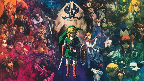 Heroic green-clad adventurer amid swirling fantasy legends.