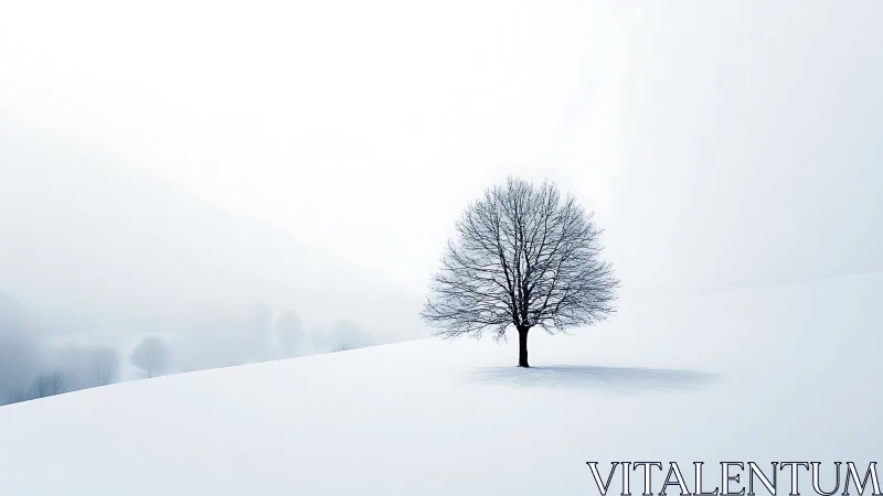 Minimalist winter tree composition on high-key snowy field.