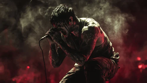 Tattooed vocalist performing in dense red stage smoke.