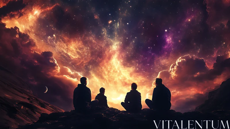Four seated silhouettes under luminous nebula sky at dusk.