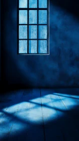 Cinematic blue interior with grid window and shadow play.