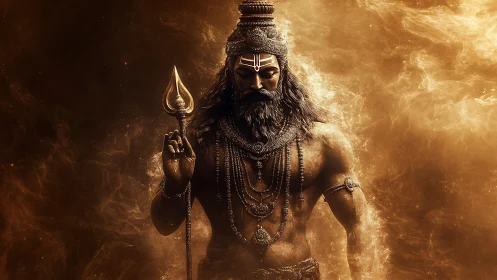 Divine warrior deity stands in swirling golden cosmic light.