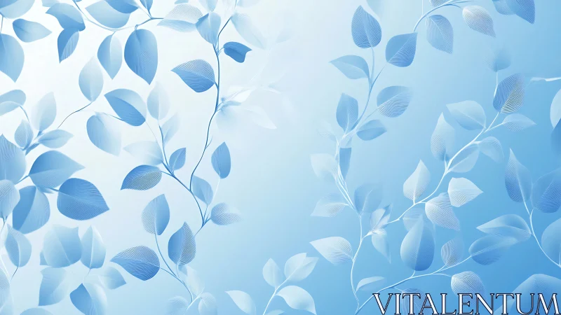 Soft blue leaf silhouettes drift across a luminous sky.