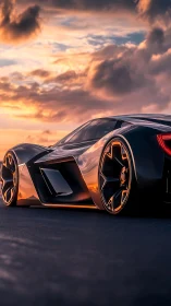 Futuristic hypercar rendered at sunset on open road.