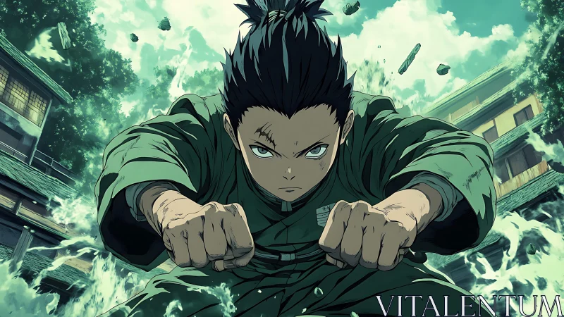 Determined anime fighter charging through water impact.